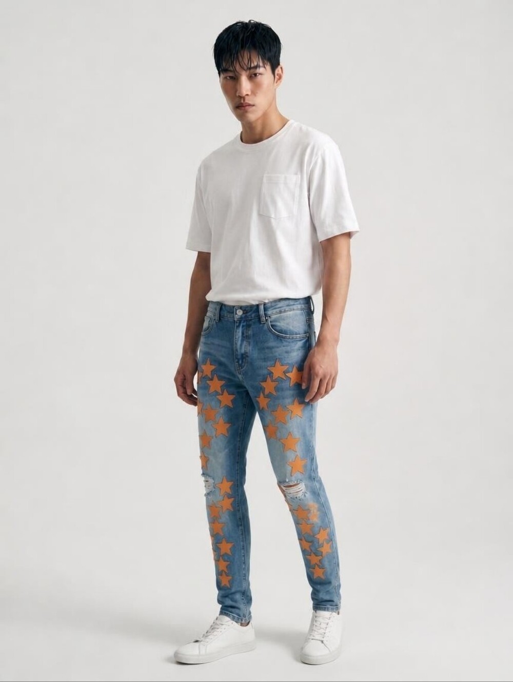 DD2 Faux Leather Orange Applique Star Distressed Denim Men's Size 30 - Picture 1 of 13